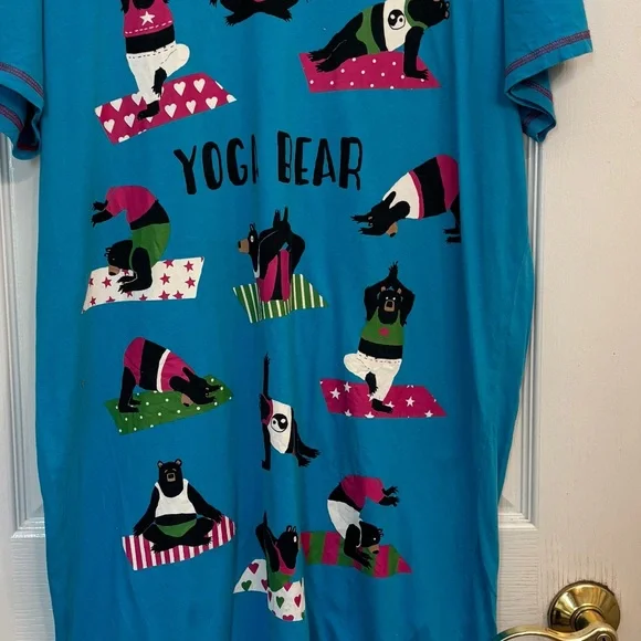 Yoga Bear Bright Blue Pajama Shirt 100% Cotton Bears Yoga Fun Cute - Picture 7 of 7